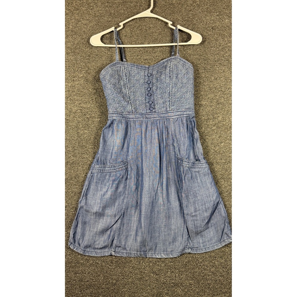 American Eagle Lyocell Chambray Quilted Mini Dress Blue Size 0 Pockets Smocked